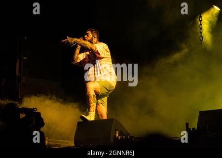 New York, USA. 26th Sep, 2021. Post Malone performs at the Governors Ball music festival 2021 at Citi Field in New York City on Sept. 26, 2021. (Photo by Gabriele Holtermann/Sipa USA) Credit: Sipa USA/Alamy Live News Stock Photo