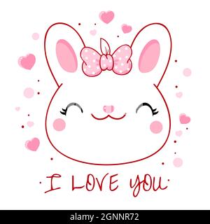 Cute Valentine card in kawaii style. Lovely bunny with pink bow and hearts. Inscription I love you. Can be used for t-shirt print, stickers, greeting Stock Vector