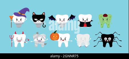 Teeth in Halloween carnival costume dental icon set. Stock Vector