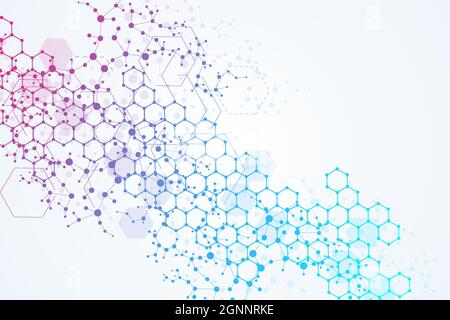 Science network pattern, connecting lines and dots. Technology hexagons structure or molecular connect elements Stock Vector