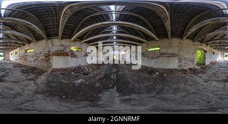 360 hdr panorama inside abandoned ruined wooden decaying hangar or old building. full seamless spherical hdri panorama in equirectangular projection, Stock Photo