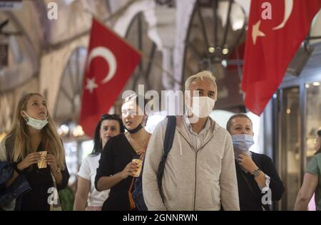 People wearing face masks walk in Grand Bazaar, Istanbul, Turkey, on September 25, 2021. Turkey has confirmed 26,145 new positive cases of the coronavirus infection in the country. Photo by Abdurrahman Antakyali /Depo Photos/ABACAPRESS.COM Stock Photo