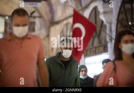 People wearing face masks walk in Grand Bazaar, Istanbul, Turkey, on September 25, 2021. Turkey has confirmed 26,145 new positive cases of the coronavirus infection in the country. Photo by Abdurrahman Antakyali /Depo Photos/ABACAPRESS.COM Stock Photo