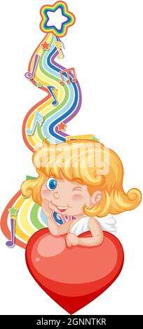 Cupid girl with melody symbols on rainbow wave illustration Stock ...