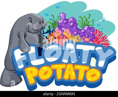 Manatee cartoon character with Floaty Potato font banner isolated illustration Stock Vector