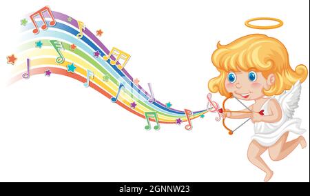 Cupid holding bow and arrow with melody symbols on rainbow illustration ...