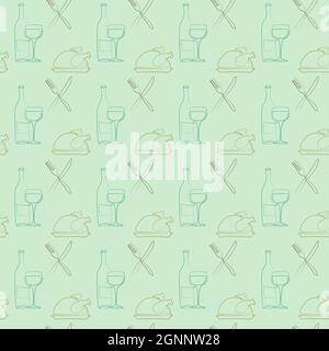 Seamless pattern with drawing in one line style turkey thanksgiving dinner serving Stock Vector