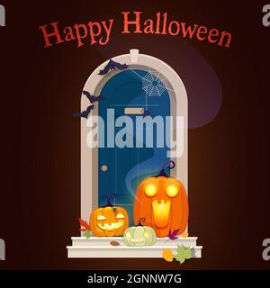 Halloween door decorations with pumpkins in night Stock Vector