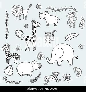 Cute jungle and safari animals. Tropical leaves. Hand drawn wild life and nature. Cartoon zoo characters. Black and white. Stock Photo