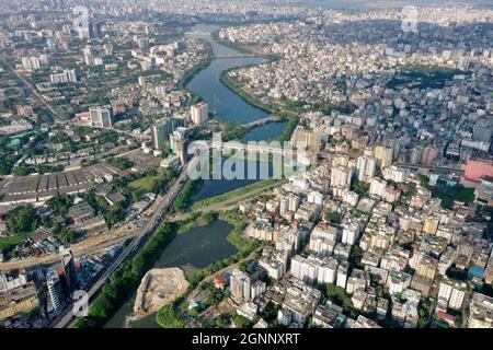 Dhaka, Bangladesh - September 24, 2021: The Bird's-eye view of Hatirjheel area at Dhaka city in Bangladesh. Stock Photo
