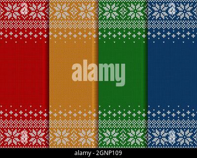 Knitted backgrounds with copyspace. Sweater patterns for Christmas, New Year or winter design. Scandinavian border ornament and place for text. Stock Vector