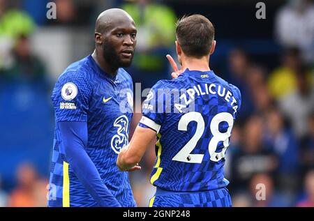 Cesar Azpilicueta and Romelu Lukaku during the Premier League match at Stamford Bridge. Stock Photo