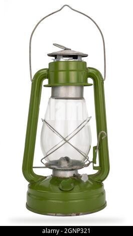 old kerosene lamp on a white background. vintage iron lantern with a glass bulb. rarity lamp called a bat Stock Photo