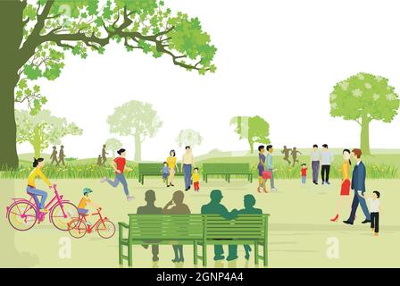 Generations relax in their free time in the city park Stock Vector