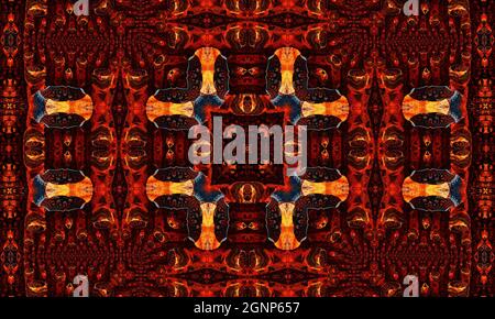 Ginger lattice kaleidoscope. Abstract metal grating against red wall background Stock Photo