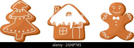 Set of Christmas gingerbreads gingerbread house, gingerbread man, Christmas tree. Festive vector illustration on a white background Stock Vector