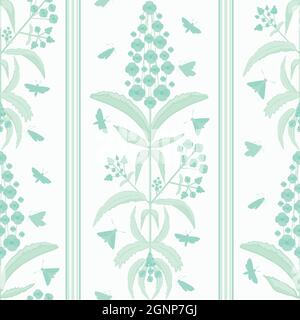 Buddleia seamless vector pattern background. Known as butterfly bush. Clusters of petals on tall stems duotone pastel teal white backdrop. Popular Stock Vector