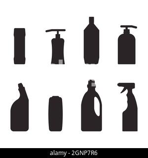Detergent bottle black silhouette form and shape. Vector chemical domestic for bathroom and kitchen, wash and clean bottle to disinfect and sanitary, Stock Vector