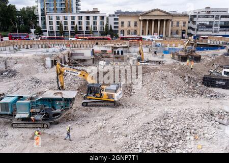 The changing urban landscape during the ongoing clearance of the site of the former Elephant & Castle shopping centre which is being demolished and redeveloped in south London, on 13th September 2021, in London, England. The much-criticised architecture of the Elephant & Castle Shopping Centre was opened in 1965, built on the bomb damaged site of the former Elephant & Castle Estate, originally constructed in 1898. The centre was home to restaurants, clothing retailers, fast food businesses and clubs where south Londoners socialised and met lifelong partners