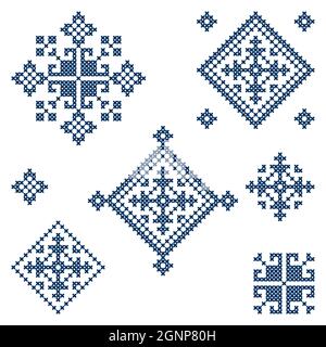 Zmijanje folk art embroidery style vector design elements set - traditional cross stitch from Bosnia and Herzegovina called Zmijanski vez Stock Vector