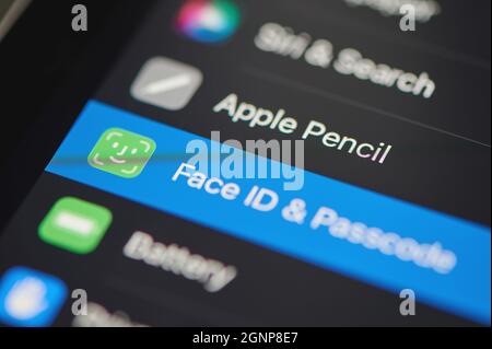 New york, USA - September 24 2021:Check face ID menu on ipad panel screen close up view Stock Photo