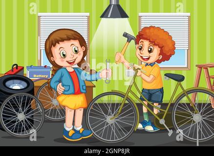 Scene with children repairing bicycle together  illustration Stock Vector