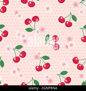 Sweet, red cherries with blossoms, on retro style pink polka dot background. Seamless design. EPS10 vector format. Stock Vector