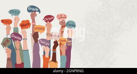 Raised arms and hands of multi-ethnic people from different nations and continents holding speech bubbles with text -thank you- in various languages Stock Vector