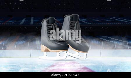 Blank ice rink surface black skates background mockup, front view, 3d rendering. Empty ice-skating leather boots on arena mock up. Clear competitive s Stock Photo