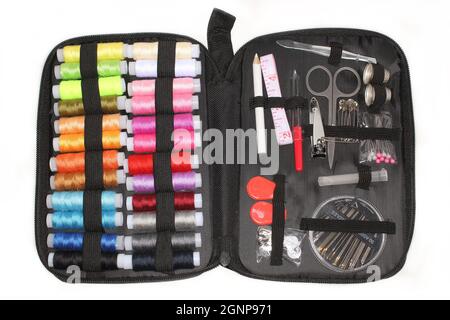 Travel Sewing Kit in Organizer on White Background Stock Photo