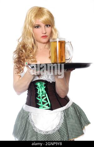 Tavern Waitress With Beer Mug Closeup on White Stock Photo