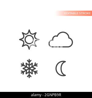 Sun, snowflake, cloud and moon vector icons. Day, night, summer and winter line icon set. Editable stroke. Stock Vector