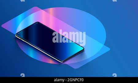 Phone with empty screen is on the table or reflection surface. Smartphone lies on desktop. 3d Isometric realistic illustration of phone with neon Stock Vector