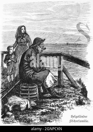 Fisherman´s family on the North Sea island Heligoland watching the sea, Heligoland, North Germany, historic illustration 1880, Stock Photo