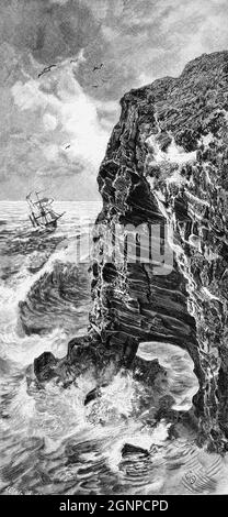 North Sea island of Heligoland in heavy sea and strong breakers against its sandstone rocks, North Germany , historic illustration 1880, Stock Photo