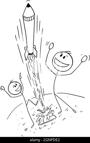 Father and Son Launching Home Made Rocket , Vector Cartoon Stick Figure Illustration Stock Vector