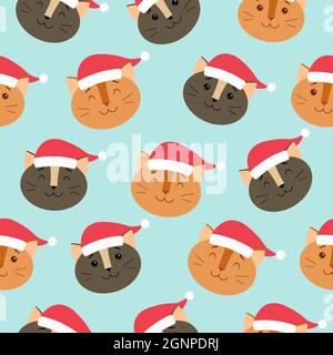 Seamless pattern with cats in Christmas hats Stock Vector