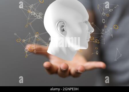 Close up shot on a man's hand interacting with a human head with network plexus structure 3D Stock Photo
