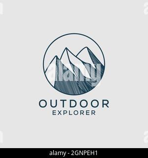 Outline outdoor explorer logo design, mountain Vector graphic illustrations with line art style Stock Vector