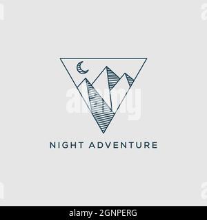 line art night adventure logo design, Vector graphic for outdoor mountain sign symbol. Stock Vector