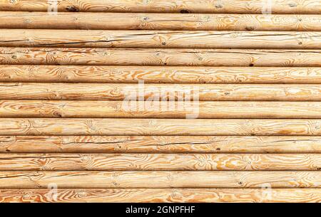 Wall of round wooden logs with natural patterns as background. Wooden logs texture Stock Photo