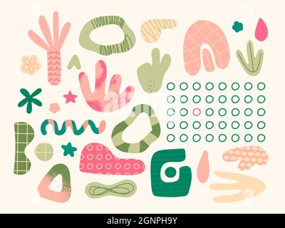 Set of abstract elements of various shapes and doodles. Vector trendy hand drawing objects for design. Pink, green, pastel colors. Stock Vector
