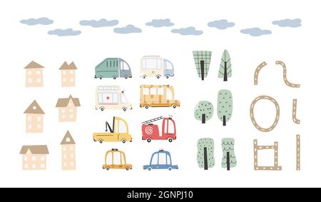 Child's city cars set with cute houses and trees. Funny transport. Cartoon vector illustration in simple childish hand-drawn Scandinavian style for ki Stock Vector