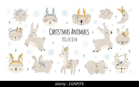 Collection of Christmas cute animals, merry Christmas illustrations of bear, bunny with winter accessories. Scandinavian style on a white background. Stock Vector