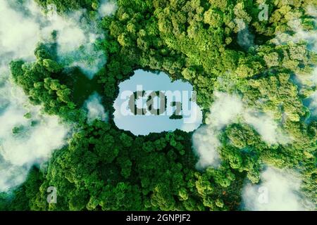 Concept depicting the issue of carbon dioxide emissions and its impact on nature in the form of a pond in the shape of a co2 symbol located in a lush Stock Photo