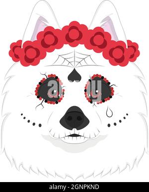 Halloween greeting card. Samoyed dog dressed as a Mexican skull with red flowers on his head Stock Vector