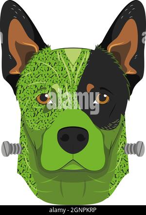 Halloween greeting card. Australian Cattle dog colored in green and dressed as a monster with screws in the neck Stock Vector