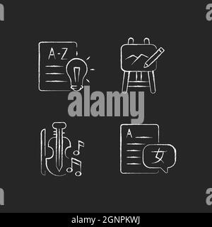 Variety of subjects in school chalk white icons set on dark background Stock Vector