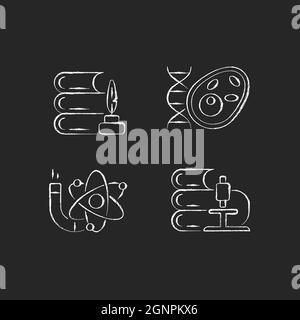 Diversity of subjects in school chalk white icons set on dark background Stock Vector