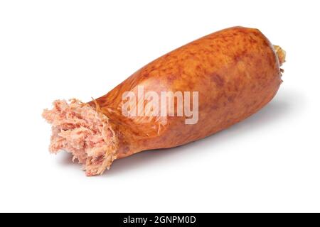 Single traditional German grob Teewurst, coarsely ground sausage, open in plastic close up isolated on white background Stock Photo